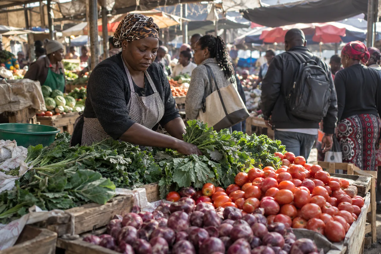 A vegetable vendor at her stall in a Nairobi market