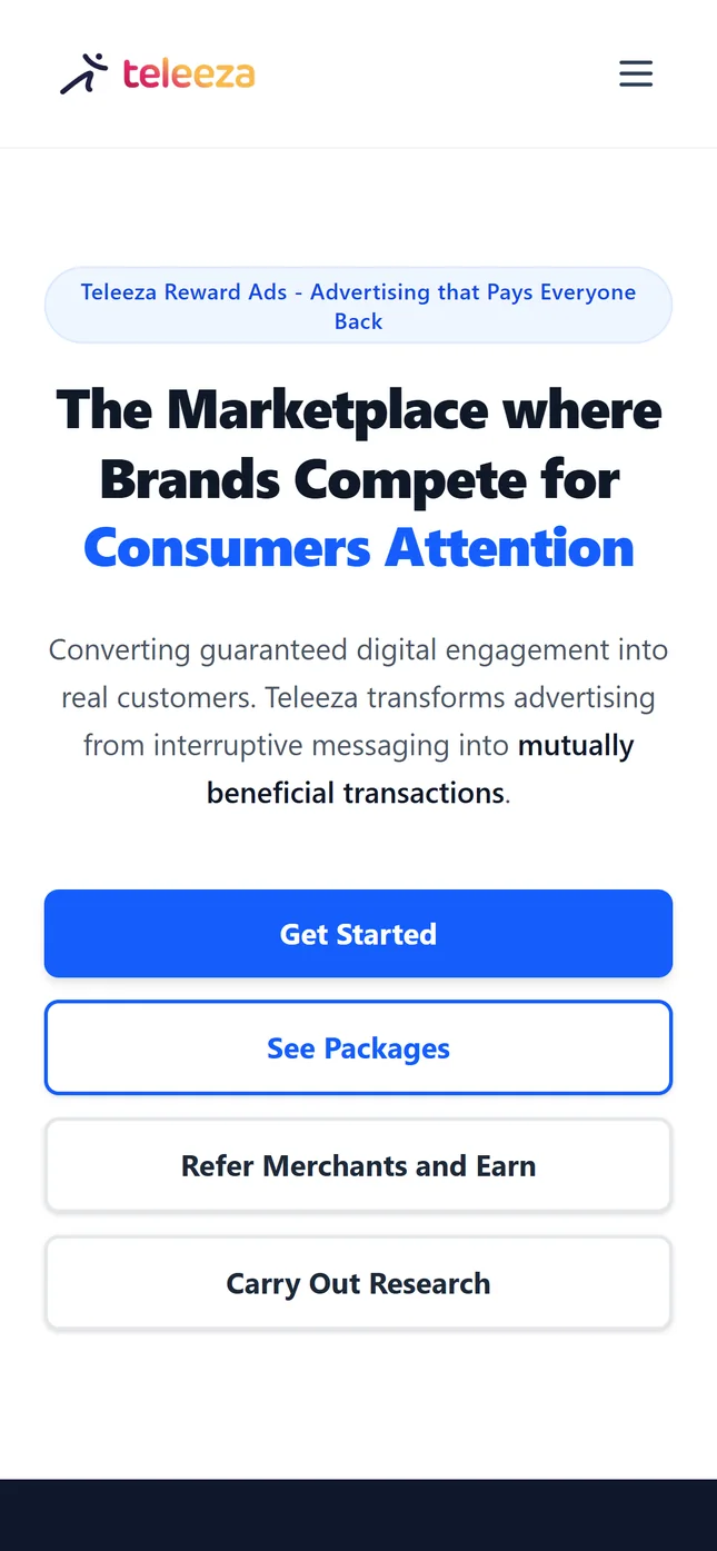 TAM landing on a phone: Get Started, See Packages, Refer Merchants and Earn, Carry Out Research