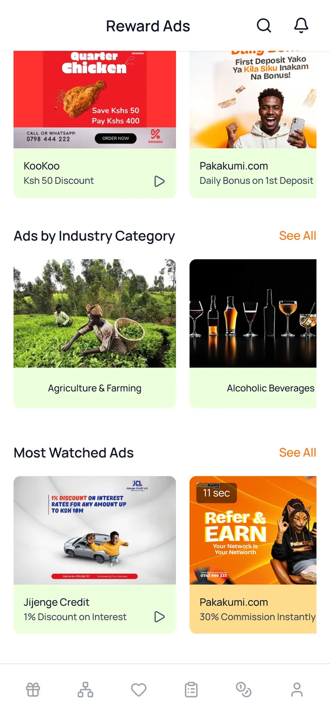 Teleeza Reward Ads in the browser: Ads by Industry Category and Most Watched Ads