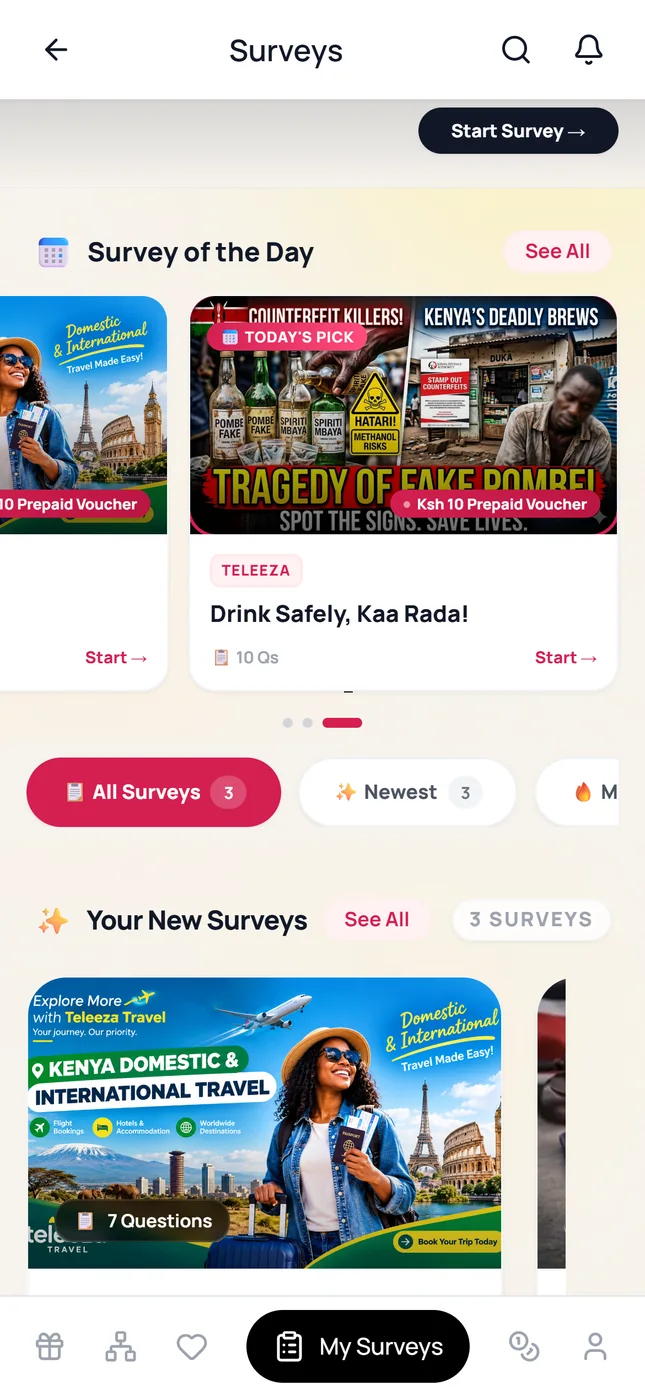 Survey of the Day in the Teleeza app: Drink Safely, Kaa Rada!, 10 questions